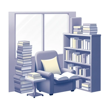 A cartable is positioned in a cozy reading nook within a library. The nook features a plush chair and a small side table stacked with various books. Around the nook, there are tall stacks of books, some piled horizontally and others leaning against each other. Soft lighting emits a warm glow, creating an inviting atmosphere. The cartable is slightly open, revealing books and notebooks inside. A nearby bookshelf showcases more books, adding to the scholarly environment.