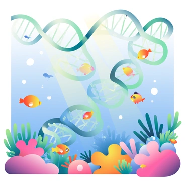 A vibrant coral reef is in the foreground, filled with various colorful fish swimming among the coral structures. The coral and aquatic plants are arranged in a way that they resemble the shape of a genome sequence, with distinct, flowing curves. The fish come in shades of orange, blue, and yellow, darting in and out of the coral formations. Sunlight filters down through the water, casting shimmering patterns across the scene and illuminating the vibrant colors of the reef. Various types of sea plants, such as seaweed and anemones, are intertwined with the coral, enhancing the intricate design of the genome sequence.