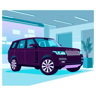 A sleek black Range Rover parked in a modern underground garage. The garage features polished concrete floors and stylish, minimalist design elements. Soft lighting illuminates the space from recessed fixtures above, casting gentle shadows on the vehicle. The walls are adorned with geometric patterns, creating a contemporary atmosphere. A few potted plants add a touch of greenery, contrasting with the industrial surroundings. The Range Rover is spotless, reflecting the subtle light, showcasing its luxurious details and contours.