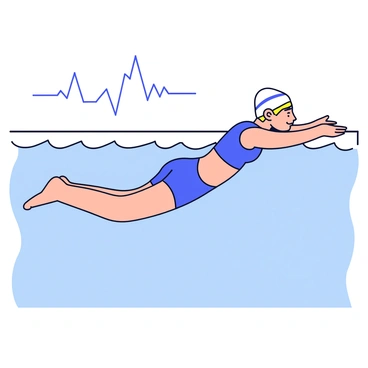 A swimmer is depicted diving into a clear blue swimming pool. The swimmer is wearing a sleek, form-fitting swimsuit and has their arms extended forward while their body is angled downward. Above the swimmer, a heart rate graphic is featured, displaying a fluctuating line that represents their pulse as it rises during the lap. The background shows the pool's edge, with simple lane markers and a few ripples in the water created by the dive.