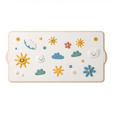 A whimsical doormat featuring a variety of playful doodles, including smiling suns, cheerful clouds, and cute flowers. The doormat has a vibrant and colorful design, with an assortment of bright colors such as yellow, blue, red, and green. The doodles are scattered across the mat, creating an inviting and joyful atmosphere. The edges of the doormat are finished with a decorative border that complements the lively theme.