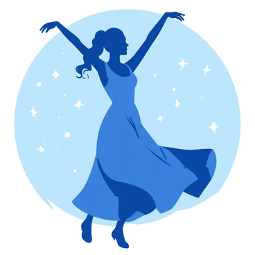A blue silhouette of a woman is gracefully dancing under a sky filled with white stars. The woman's arms are extended above her head, and her long dress flows elegantly around her legs as she twirls. In the background, the stars twinkle brightly, providing a contrasting backdrop to the blue silhouette. A gentle breeze seems to move through the scene, adding a sense of motion to her dance.