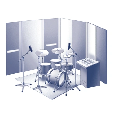 A sound studio equipped with various audio recording equipment. In the center, a high-end drum kit is set up, consisting of multiple drums, cymbals, and hardware. The drum kit is positioned on a wooden floor, surrounded by microphones mounted on stands, aimed at capturing sound. Acoustic panels line the walls, designed to reduce echo and enhance sound quality. A mixing console is located nearby, with numerous knobs and sliders visible. Soft lighting illuminates the space, casting shadows that enhance the studio's professional atmosphere.