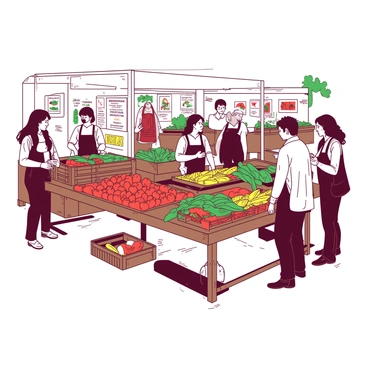 A vibrant scene at a Brooklyn farmer's market filled with activity. Several farmers are standing behind wooden stalls, showcasing an assortment of "fresh produce" including colorful fruits and vegetables. There are crates of "red tomatoes," "yellow corn," and "green leafy vegetables" neatly arranged on the tables. Shoppers are browsing the stalls; some are holding "canvas bags" filled with their purchases. A few farmers are engaging with customers, discussing the quality of their "organic products." The atmosphere is lively, with people enjoying the day and interacting with one another amidst the bustling market.