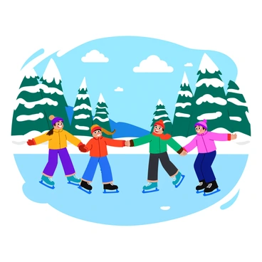 A group of children wearing colorful winter jackets and hats is skating on a frozen lake. Their laughter and excitement fill the air as they glide across the smooth ice. In the background, tall snow-covered trees stand majestically, their branches heavy with white snow. The lake reflects the bright sunlight, creating a sparkling effect on the surface. Some children are holding hands while others are trying to balance, showcasing a joyful winter scene.
