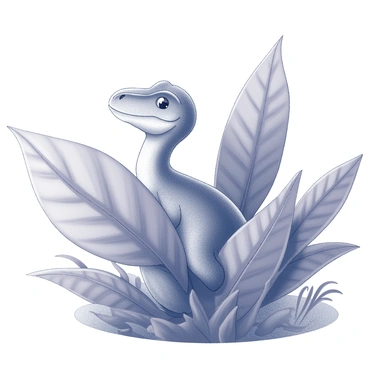 A baby dinosaur with delicate features is peeking out from behind a large leaf. Its small eyes are wide open, showcasing curiosity as it observes its surroundings. The texture of its skin is rough, and it has tiny, developing scales. The large leaf is vibrant, providing a lush backdrop. Soft shadows and highlights emphasize the shapes and contours of the dinosaur's head and the leaf, creating a sense of depth in the scene. The environment is filled with other foliage, enhancing the sense of a prehistoric habitat.