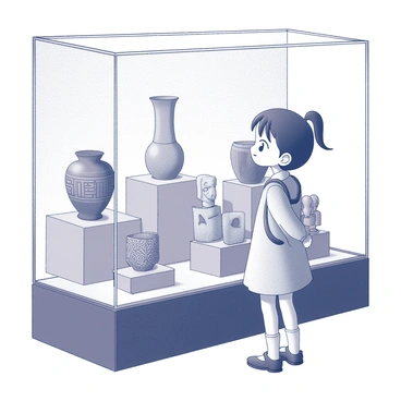 A young Chinese girl is standing in front of a display case filled with traditional Chinese artifacts. She has an expression of curiosity as she observes the intricate designs of the items. The exhibit features various artifacts, including ornate vases, intricately carved figures, and traditional clothing, all housed under glass. The lighting accentuates the details of each artifact, creating an inviting atmosphere for exploration. The girl is dressed in a simple outfit, with her hair neatly styled, as she leans slightly forward, captivated by the history behind each piece.