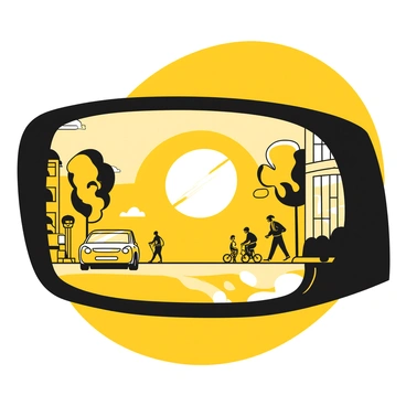 A side mirror of a car reflecting a vibrant sunrise sky filled with shades of yellow and black as the sun rises on the horizon. In the background, the silhouettes of early morning commuters can be seen, some walking, others riding bicycles. The street is lined with buildings and trees, creating a sense of movement and activity. The mirror captures the scene with a hint of distortion, emphasizing the dynamic nature of the morning commute.
