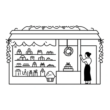 A bakery storefront with large glass windows displaying an array of baked goods. The display includes cakes, pastries, and cookies, all meticulously arranged. The exterior of the bakery is adorned with festive holiday ornaments, including ribbons and garlands draped along the edges. A decorative wreath hangs on the door. Inside, shelves are lined with various treats, while a counter holds a beautiful cake topped with seasonal decorations. The scene conveys a warm and inviting atmosphere.