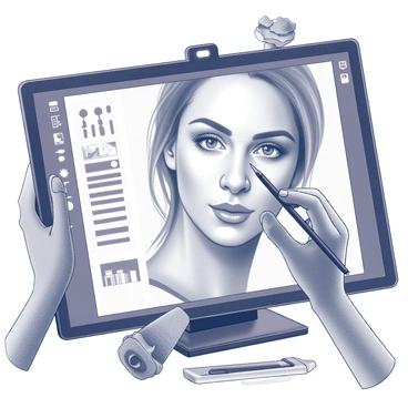 A portrait being retouched with tools like brushes and sliders on a digital screen