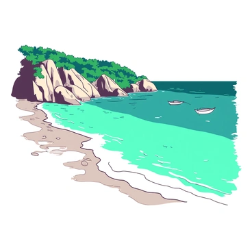 A beautiful Mediterranean island shore with crystal clear waters gently lapping against the sandy beach. The water is a vibrant teal, reflecting the bright sunlight. Smooth white pebbles are scattered along the shoreline, glistening in the light. In the background, there are rocky cliffs covered in lush green vegetation, contrasting with the colors of the sea and sand. A few small boats are visible in the distance, floating peacefully on the surface of the water.