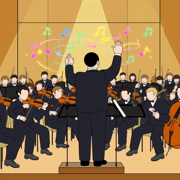 A symphony conductor with short black hair and a black tuxedo stands confidently in front of a large orchestra. He is animatedly raising his baton above his head, guiding the musicians with precise gestures. The musicians, dressed in formal black attire, are focused on their instruments, including violins, cellos, and flutes. Colorful music notes swirl vibrantly around the conductor, some shaped like stars and hearts, creating a lively atmosphere. The stage is illuminated with bright lights, highlighting the dynamic scene of the performance.