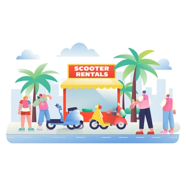 A scooter rental stand is located on a sunny street. The stand is brightly colored and features a large sign that reads "Scooter Rentals." Several vibrant scooters in shades of blue, yellow, and red are lined up neatly in front of the stand. The street is bustling with pedestrians walking by, some of whom are stopping to take a closer look at the scooters. A few palm trees are visible in the background, casting soft shadows on the pavement. The sky is clear with a few fluffy clouds, enhancing the cheerful atmosphere of the scene.