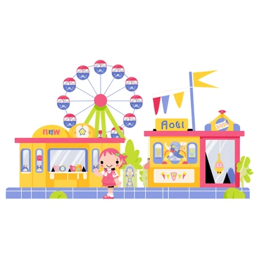 A small Polly Pocket figure with bright pink hair is enjoying rides and games at a tiny amusement park. She is smiling as she stands in front of a colorful Ferris wheel with large, round cabins. Surrounding her are vibrant game booths, each decorated with fun prizes and bright lights. There are tiny plush toys hanging from the game stalls, and a carousel with little painted horses spins in the background. The ground is covered in colorful tiles, adding to the cheerful atmosphere of the amusement park.
