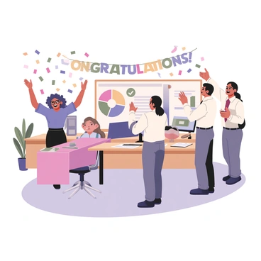 A digital flat illustration depicting an office scene filled with excitement and celebration. There are several employees gathered in a colorful office space. A woman with curly hair and glasses is standing at a desk with her arms raised in triumph, wearing a blue blouse and black skirt. Next to her, a man with short black hair is clapping his hands, dressed in a white shirt and gray trousers. Colorful confetti is falling from above, creating a festive atmosphere. A large banner in the background reads "Congratulations!" in vibrant letters. Desks are scattered with papers and a large pie chart on a presentation board shows the achieved quota, with a green checkmark next to it. A potted plant is visible in the corner of the office.