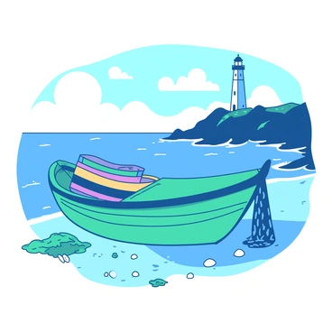 A teal fishing boat is gently bobbing on the blue waves of the seaside. The boat has colorful fishing gear stacked on one side, and a fishing net is draped over the edge. In the distance, a tall white lighthouse stands proudly on a rocky cliff, its light shining out over the water. The sky is clear, with a few fluffy white clouds scattered above. The sandy shore is lined with small seashells and patches of green seaweed, adding detail to the tranquil scene.