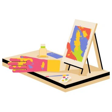 A pair of paint-splattered gloves is resting on a wooden table. The gloves are colored with bright splashes of red, blue, and yellow paint. Next to the gloves, there is a vibrant canvas propped up, featuring a colorful abstract design with bold strokes and an array of colors blending together. The table has a few paintbrushes lying around, some with paint on the bristles, and a small palette with more colors is visible in the corner. The overall scene conveys the feeling of an active art session.