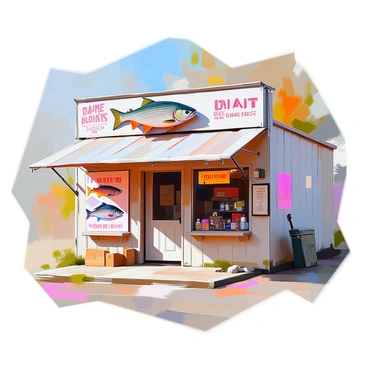 A classic bait shop with a rustic wooden exterior, featuring vintage signs that advertise different types of bait and fishing supplies. The facade displays colorful illustrations of various fish species, including a large bass and a vibrant trout, painted on weathered boards. The shop's entrance is framed by an old wooden door and a small window showcasing fishing gear. The surrounding area has a worn gravel path leading to the entrance, adding to the quaint charm of the bait shop.
