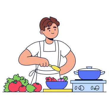 A young cook is standing in a brightly lit kitchen, surrounded by an array of fresh ingredients. There are vibrant red tomatoes, green bell peppers, and leafy herbs on the countertop. The cook has short brown hair and is wearing a white apron over a casual shirt. In one hand, they hold a wooden spoon, while the other hand is reaching for a bowl filled with colorful vegetables. A cutting board with chopped ingredients is nearby, and a pot is simmering on the stove in the background.