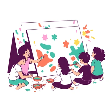 A group of small children is sitting on the floor, each using their fingers to paint a vibrant mural on a large white canvas. The canvas is propped up against a wall covered with colorful splashes of paint. Each child is focused on their section of the mural, happily mixing bright colors together, with their hands covered in teal and orange paint. A variety of painted shapes, such as flowers, stars, and abstract patterns, begin to emerge from their playful creativity. The scene captures the joy and imagination of the children in action as they express themselves through art.