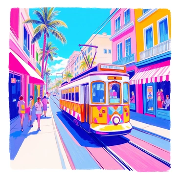 A vintage Art Deco tram is traveling along Ocean Drive. The tram features geometric patterns with vibrant colors, reflecting the architectural style of the era. On either side of the street, colorful storefronts display a variety of goods, with awnings in shades of pink, blue, and yellow. The storefronts have large, ornate windows, some showcasing mannequins in stylish clothing. Palm trees line the street, and there are several pedestrians walking along the sidewalk, enjoying the atmosphere. The sky above is clear and bright, enhancing the lively scene.
