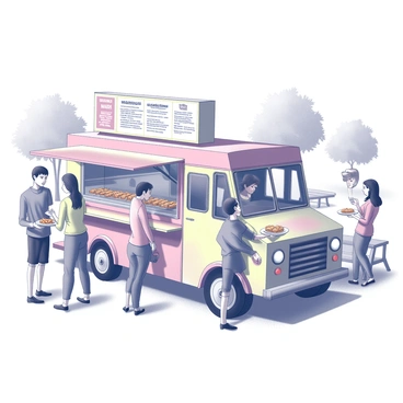 A food truck with a colorful exterior is parked in a city park. The side of the truck displays a large menu showcasing "various flavors of baklava". The truck has large windows where customers can see the baklava being prepared. People are gathered around the food truck, with some holding plates filled with different pieces of baklava. The park has trees in the background, and park benches are visible where some patrons are enjoying their treats. The scene captures the lively atmosphere of a bustling park.