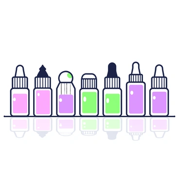 A row of tiny vials containing beauty serums is displayed on a glossy surface. Each vial is distinct in shape and design, showcasing intricate caps and labels. The vials are filled with different serums, each featuring vibrant, eye-catching hues. The arrangement creates a visually pleasing pattern, with the vials standing upright and evenly spaced. Soft reflections of the vials can be seen on the surface, enhancing the overall visual appeal of the scene.