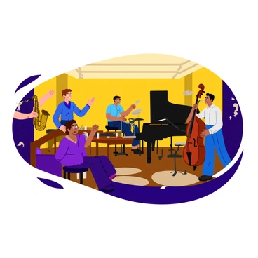A jazz quartet consisting of a saxophonist, a pianist, a double bass player, and a drummer is performing on a small stage. The saxophonist is playing a shiny brass instrument, producing smooth melodies. The pianist is focused, with his fingers dancing across the keys of a grand piano. The double bass player stands beside the piano, bowing his instrument with a deep, resonant sound. The drummer is seated behind a drum set, keeping a steady rhythm with sticks in hand. The club is cozy and dimly lit, with soft yellow lights illuminating the stage and casting warm shadows. Tables with small candles are arranged in front of the stage, and a few patrons are enjoying the music, creating an intimate atmosphere.