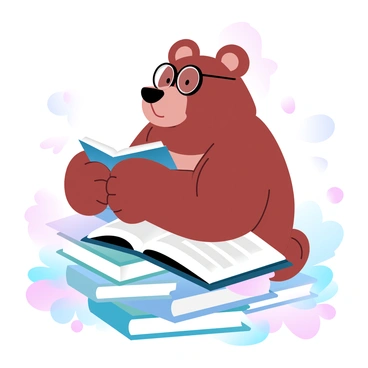 A bear with a thick coat of fur is sitting comfortably on a large stack of colorful books. The bear is wearing a pair of round glasses perched on its snout, giving it an intellectual appearance. Its paws are resting on an open book, and it seems deeply focused on the text. Surrounding the bear are various other books scattered about, each with different covers and sizes. The scene is filled with a cozy atmosphere, highlighted by the soft colors of the book spines. A gentle glow of light illuminates the pile, enhancing the tranquil setting.
