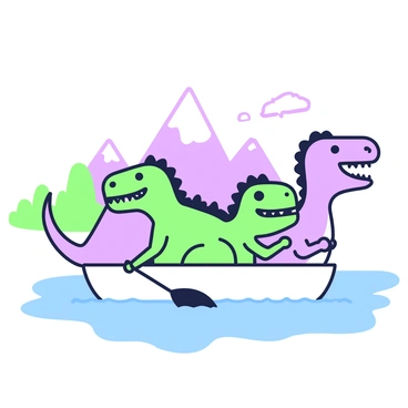 A small boat is gliding across a tranquil lake. Inside the boat, there are two dinosaurs: a green T-Rex with a friendly expression and a purple Brachiosaurus with a cheerful smile. The T-Rex is using a paddle to row, while the Brachiosaurus leans over the side, looking at the water. In the background, there are majestic mountains rising, their peaks capped with snow. The surface of the lake is smooth, reflecting the shapes of the dinosaurs and the mountains. 