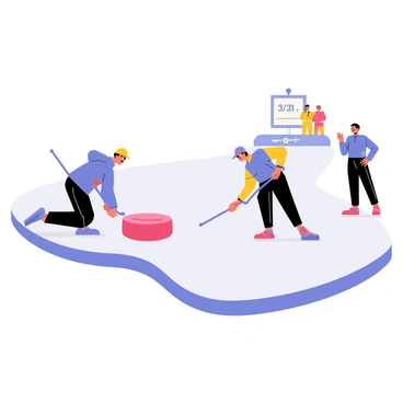 A curling stone sliding across a smooth, icy surface with a dynamic motion blur effect. The stone is a bright red color with a shiny finish. A team of players is visible, one player crouched low, aggressively sweeping in front of the stone with a blue broom, while another player stands back, hands on hips, watching intently. The scene conveys tension and excitement, with expressions of focus on the players' faces. In the background, a scoreboard shows the current score, and a small crowd watches in anticipation.
