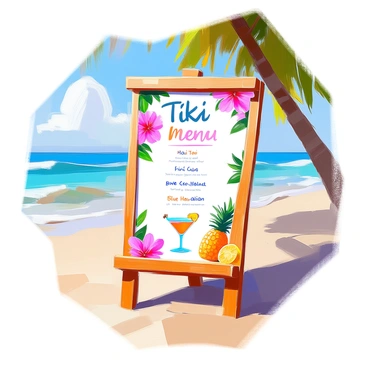 A beachside tiki bar menu displayed prominently on a wooden stand. The menu features colorful tropical illustrations, including palm trees, hibiscus flowers, and pineapples surrounding the text. The title "Tiki Bar" is written in a playful, bold font that blends with the tropical theme. Various drink options are listed below, such as "Mai Tai," "Pina Colada," and "Blue Hawaiian," each accompanied by small icons of the respective cocktails. The background shows the sandy beach and gentle waves lapping at the shore, providing a vibrant, sunny atmosphere.