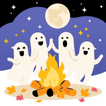 A group of four friendly ghosts, each with a different shape and size, is dancing joyfully around a warm bonfire. The flames of the bonfire are bright orange and yellow, casting flickering light on their transparent figures. In the background, a large full moon illuminates the night sky, surrounded by twinkling stars. The ground is covered with scattered autumn leaves, and a few logs are placed near the bonfire. The atmosphere is lively, capturing the essence of a festive gathering.