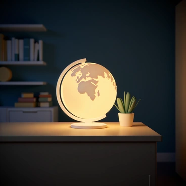 A globe, with a detailed map of the world, is softly glowing like a lantern. It is positioned on a wooden table in a dimly lit room. The light from the globe casts a warm glow on the surrounding surfaces, creating soft shadows. The walls of the room are painted a deep blue, and there are bookshelves filled with books in the background. A small plant sits next to the globe, adding a touch of greenery to the scene.
