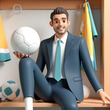 A man named Ted Lasso, wearing a well-fitted navy blue suit with a crisp white shirt and a slim tie, is playfully balancing a soccer ball on his right knee. He has a cheerful expression on his face, with a slight smile and twinkling eyes. His hair is styled neatly, and he has a light beard. The scene captures his playful demeanor as he sits on a wooden bench in a locker room, surrounded by soccer jerseys hanging on the wall and a few scattered sports equipment around him.