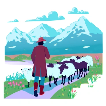 A shepherd with sun-kissed skin and dark hair is leading a flock of sheep along a narrow, winding path. He is wearing a traditional brown felt hat, a long woolen coat, and sturdy leather boots. The sheep are a mix of white and black, some with fluffy wool and others with shorn coats. The path is flanked by lush green grass and wildflowers in vibrant colors. In the background, the majestic mountains of Pahalgam rise under a clear blue sky, dotted with a few fluffy clouds. The sun casts soft shadows on the ground, highlighting the serene beauty of the countryside.