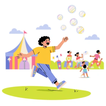 A child with curly brown hair wearing a bright yellow t-shirt is laughing joyfully. The child is running across a grassy area, reaching out towards shiny bubbles of various sizes floating in the warm breeze. The bubbles reflect colorful patterns of light as they drift away. In the background, there are colorful tents and cheerful decorations typical of a summer fair. A few other children can be seen playing in the distance, enjoying the fair atmosphere. The sky is clear and blue, adding to the cheerful setting.