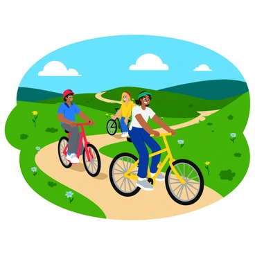 A group of three friends riding bicycles along a winding dirt trail. They are surrounded by a vibrant countryside landscape featuring green rolling hills dotted with wildflowers. The sky is bright blue with a few fluffy white clouds. One friend has short brown hair and wears a red helmet, another friend has long blonde hair and sports a blue cap, and the third friend has curly black hair with a green bandana. Their bikes are colorful, with one being red, another blue, and the last one yellow. The friends are smiling and enjoying their ride, with the sun shining down on them.