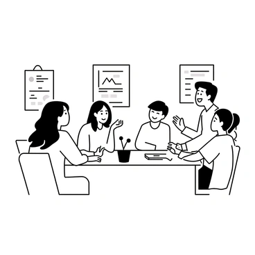 A family of four is seated around a dining table, engaged in discussion. The father is leaning slightly forward, animatedly speaking, while the mother listens intently, taking notes on a notepad. A teenage girl is sitting beside her brother, who is gesturing with his hands as he shares his ideas. The table is cluttered with papers, a laptop displaying charts, and a potted plant in the center. The walls in the background have various energy-saving posters.