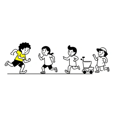 A group of cartoon toddlers is engaged in a playful race towards mini potties. One toddler with curly hair is energetically running, wearing a bright t-shirt and shorts. Next to him, a girl with pigtails is giggling as she dashes forward in a colorful dress. Another toddler, with a race car-themed outfit, is slightly ahead, concentrating hard. A fourth toddler wearing a hat is making a silly face, trying to catch up. The mini potties are in the background, vibrant and child-sized, positioned at the finish line. The scene is filled with cheerful expressions and animated movements, capturing the excitement of the race.