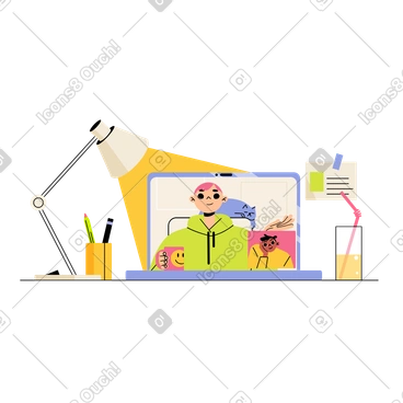 Illustration animée Personnes participant à une réunion zoom en ligne aux formats GIF, Lottie (JSON) et AE