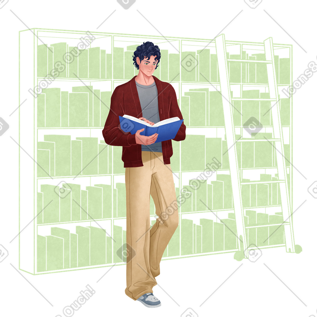 Lifestyle スタイルの Man reading a book in library のイラストをPNG、SVG形式でダウンロード