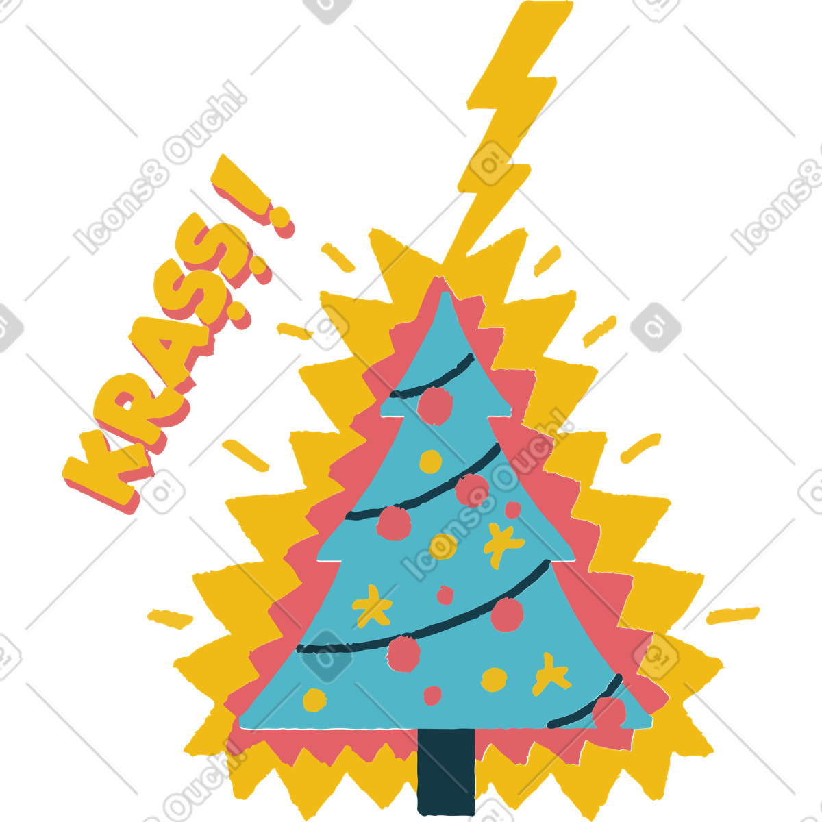 Christmas tree struck by lightning, Unexpected holiday disaster or fatal error illustration in Flamenco style download in PNG, SVG