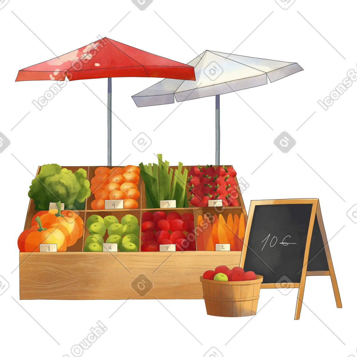 Ilustración Street shop of vegetables and fruits en estilo Seasons a descargar en PNG y SVG