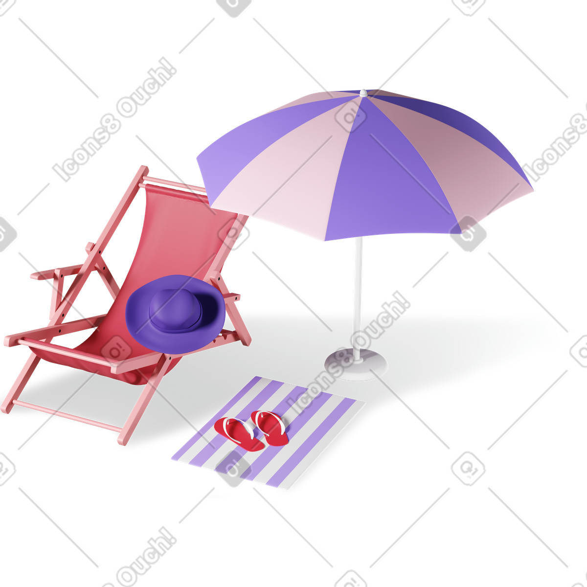 Lettino da spiaggia, ombrellone, cappello, telo e ciabattine illustrazione in stile 3D Plastic people scarica in PNG, SVG