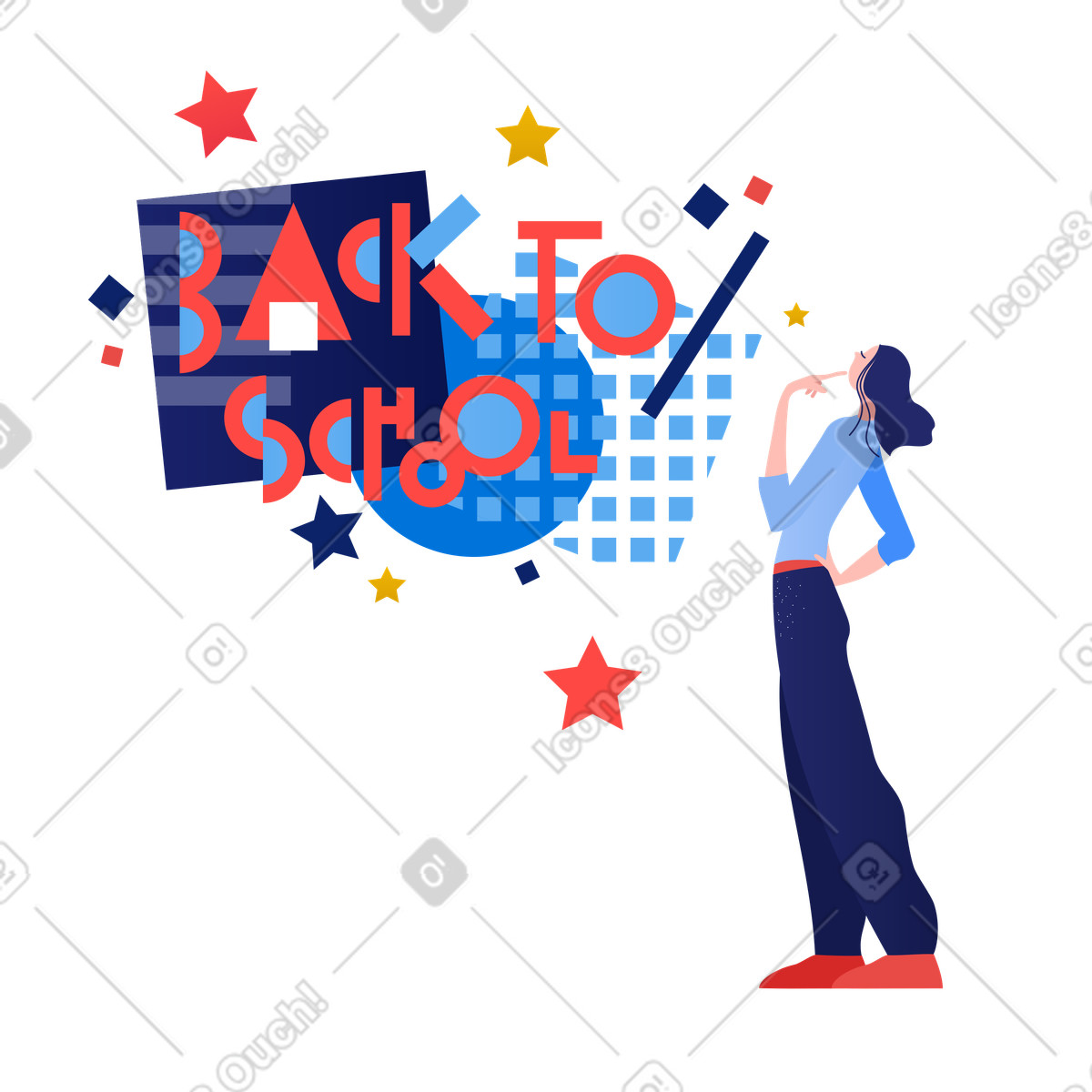 Ilustração de Letras volta às aulas e jovem mulher atenciosa em no estilo Clip para baixar em PNG, SVG