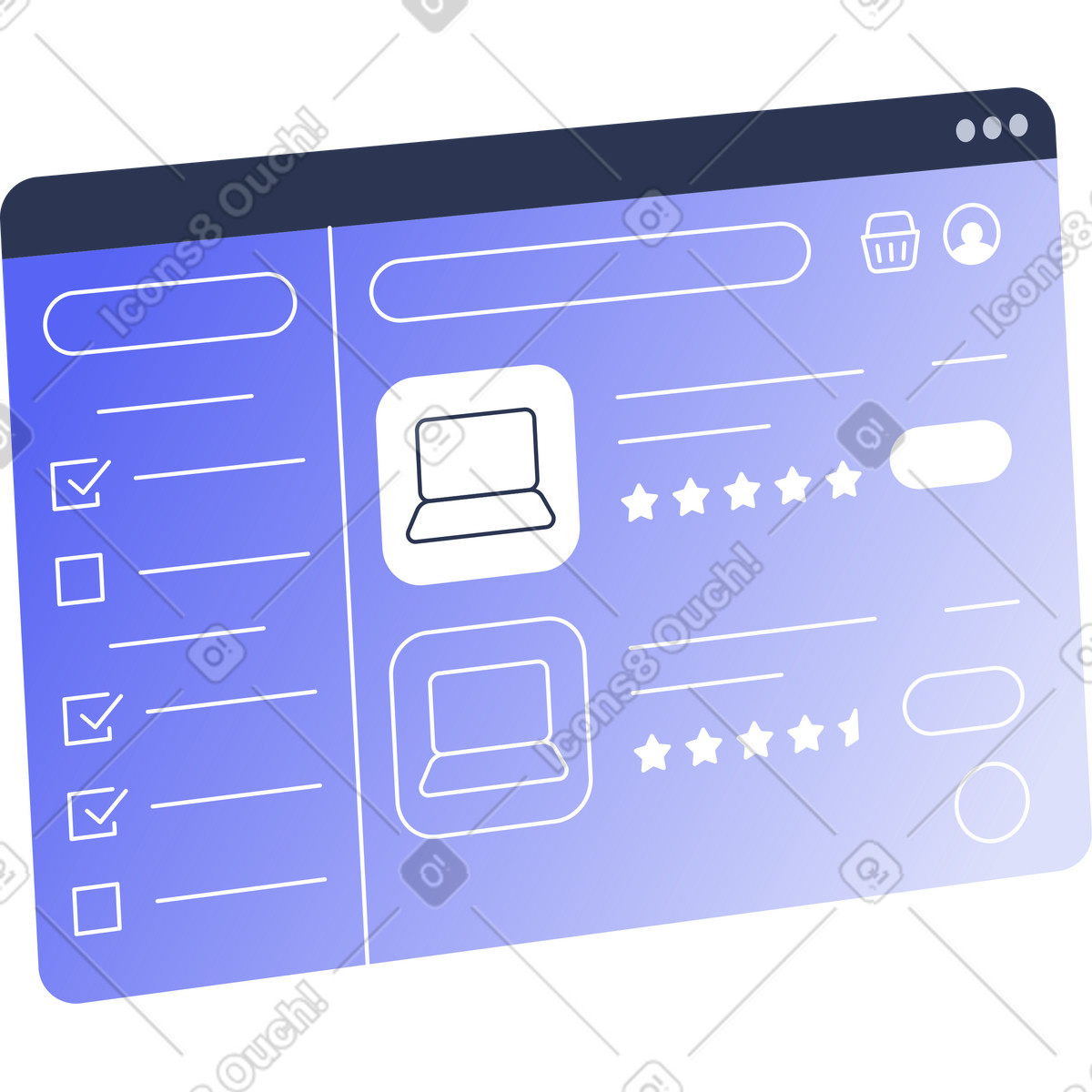 E-commerce platform, product filters and ratings illustration in Lucent style download in PNG, SVG