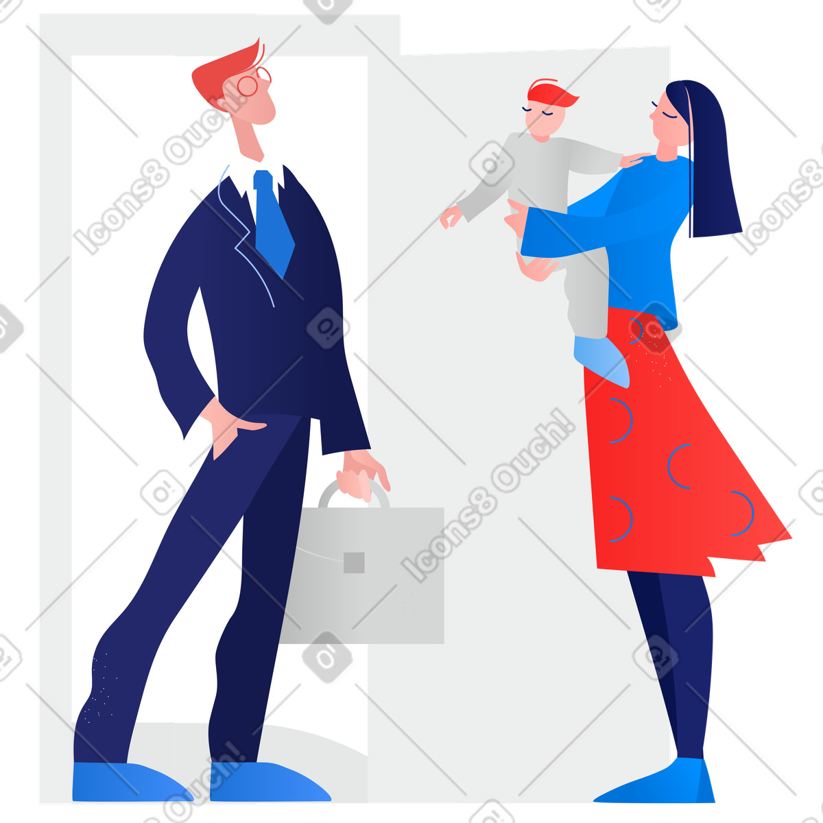 Illustration Office worker arriving home to family, Welcome or work-life balance dans le style Clip à télécharger aux formats PNG, SVG