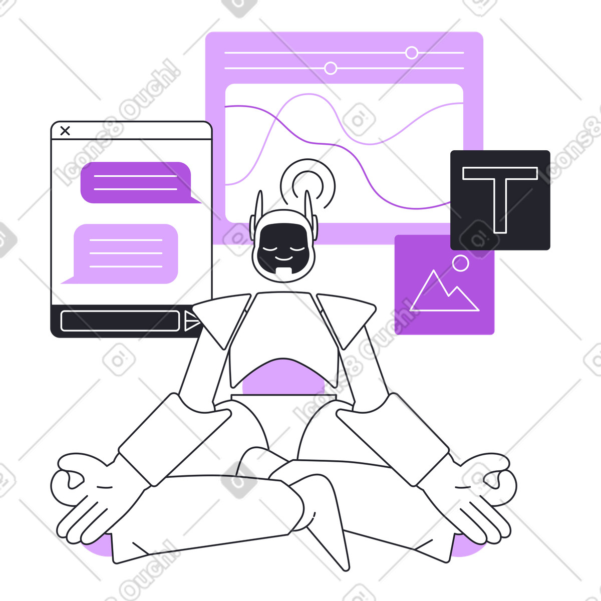 Grapy スタイルの Artificial intelligence processing data and messaging, Advanced AI-powered assistance のアニメーションイラストをGIF、Lottie (JSON)、AEでダウンロード