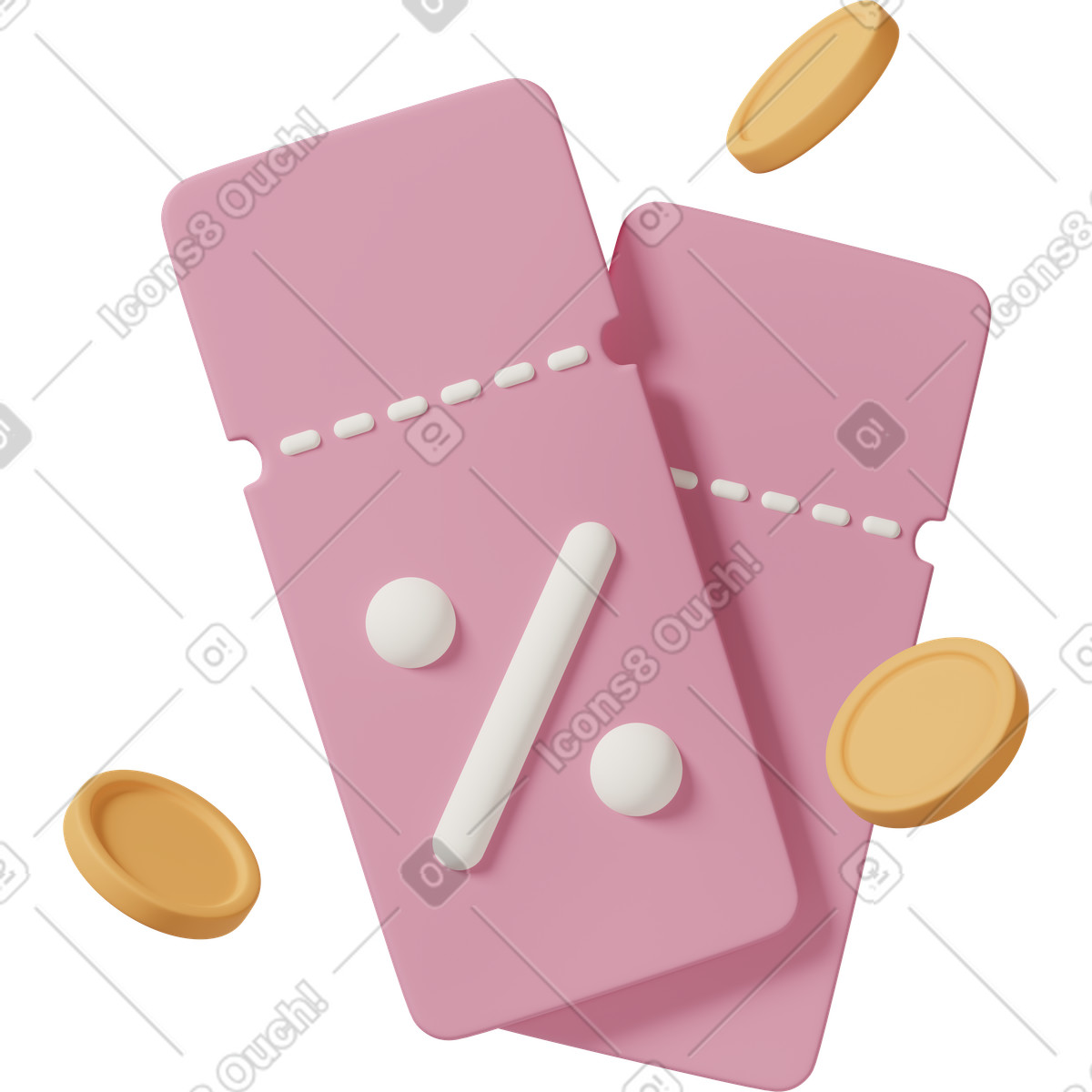 下载 3D Casual life 风格的 Pink gift coupons with gold coins, discount offers and savings 插画，支持 PNG、SVG 格式
